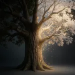 Surrealer Baum, halb massive Eiche, halb blasse Esche, die sich in leuchtende Partikel auflöst, als Sinnbild für Prompt Scheduling