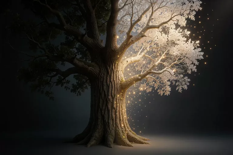 Surrealer Baum, halb massive Eiche, halb blasse Esche, die sich in leuchtende Partikel auflöst, als Sinnbild für Prompt Scheduling