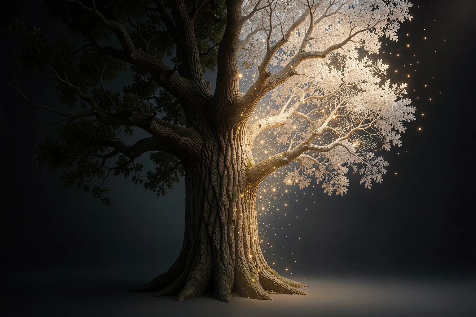 Surrealer Baum, halb massive Eiche, halb blasse Esche, die sich in leuchtende Partikel auflöst, als Sinnbild für Prompt Scheduling
