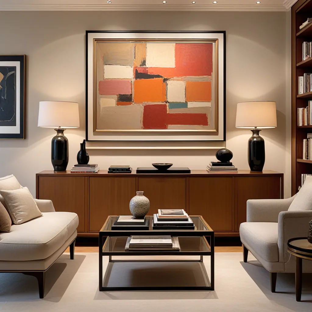 Wohnzimmer einer Sammlerin mit abstrakter Kunst und Regalen voller Kunstkataloge
