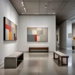 Zeitgenössischer Galerieraum mit abstrakten Gemälden unter Museumsbeleuchtung