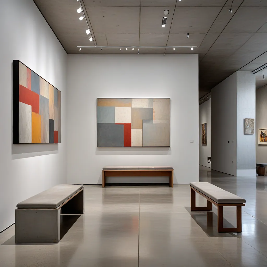 Zeitgenössischer Galerieraum mit abstrakten Gemälden unter Museumsbeleuchtung