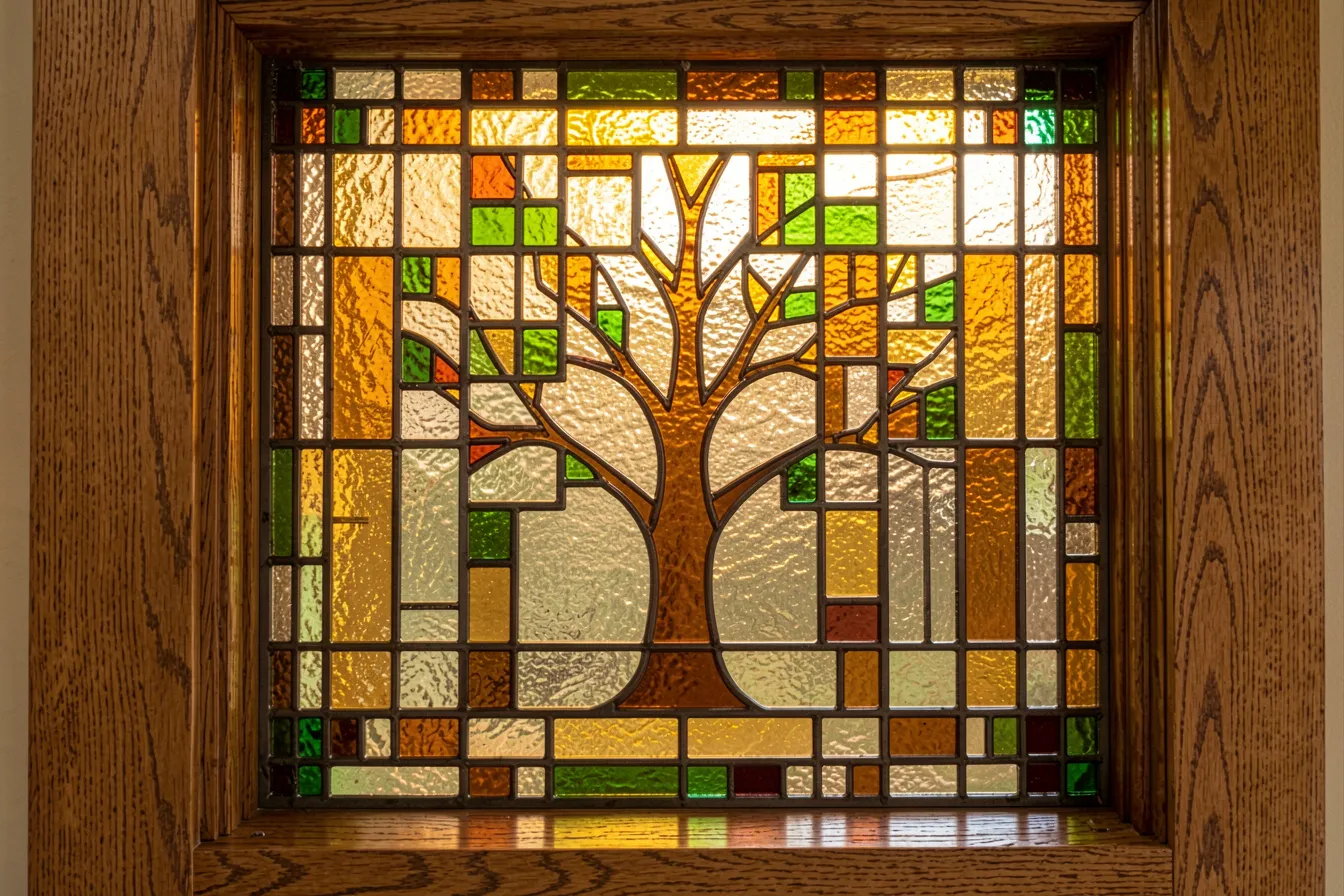 Prairie-School-Bleiglasfenster mit Tree-of-Life-Motiv in einem geometrischen Raster aus Bernstein, Gold und Grün