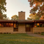 Frank Lloyd Wright Prairie-School-Haus zur goldenen Stunde mit tiefen Traufen, römischem Backstein und Fensterbändern