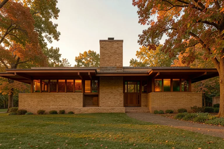 Frank Lloyd Wright Prairie-School-Haus zur goldenen Stunde mit tiefen Traufen, römischem Backstein und Fensterbändern