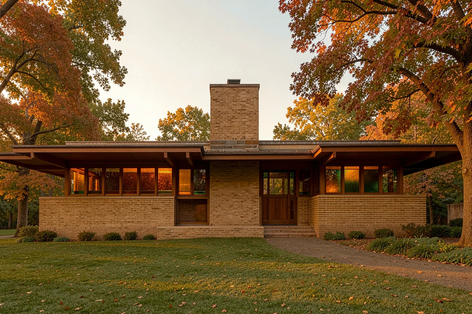 Frank Lloyd Wright Prairie-School-Haus zur goldenen Stunde mit tiefen Traufen, römischem Backstein und Fensterbändern