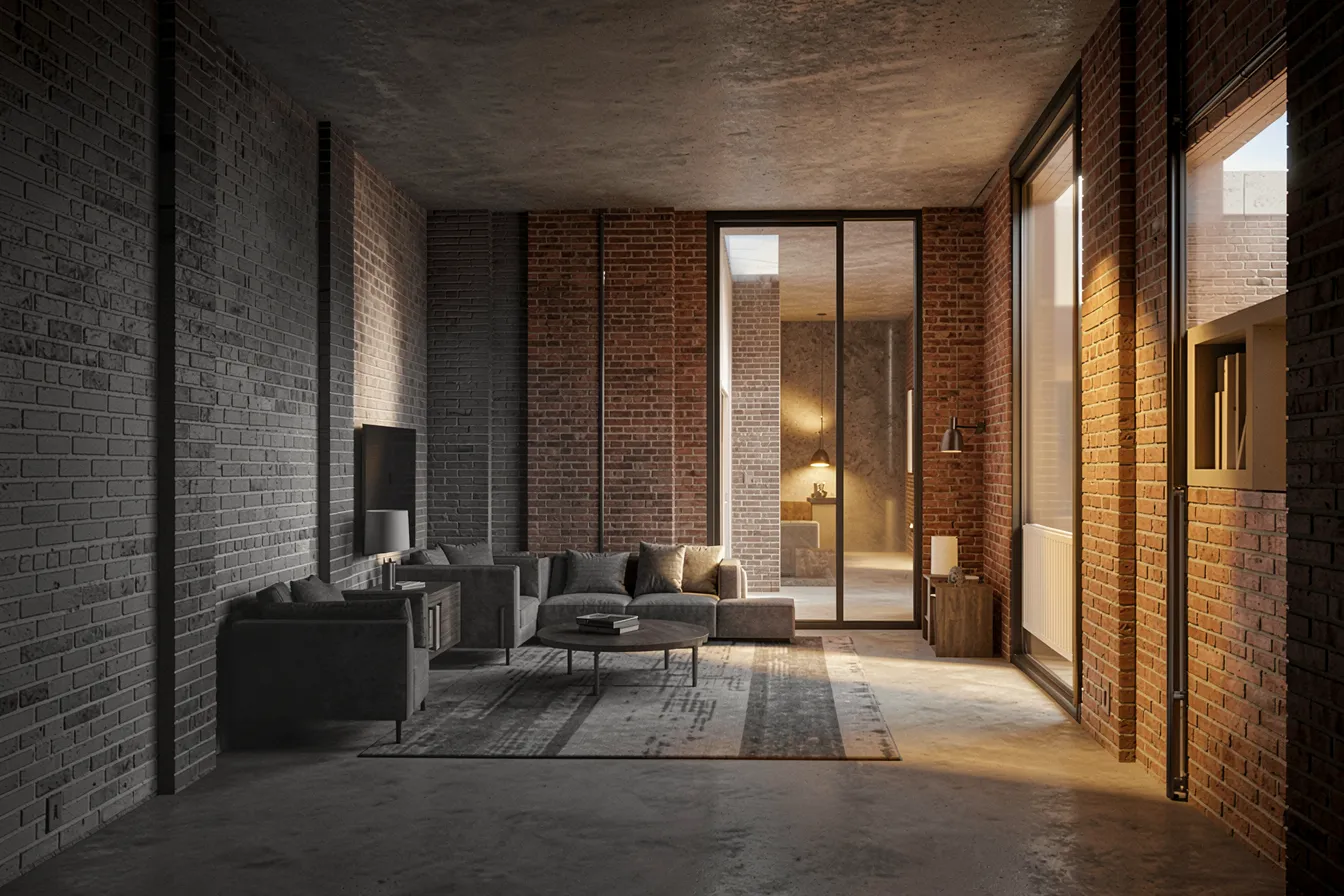 Eine Tiefenkarte eines Innenraums, gerendert zu einem Raum aus Backstein und Glas mit erhaltenem Aufbau
