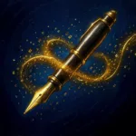 Ein leuchtender Füllfederhalter schreibt ein Band aus goldenem Licht, das sich in digitalen Code auflöst