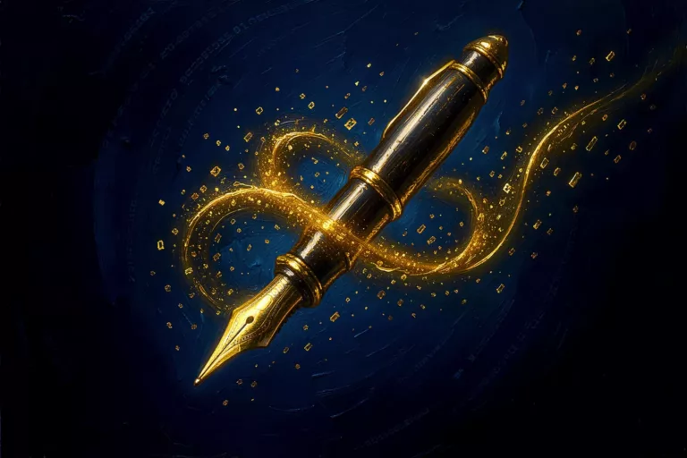 Ein leuchtender Füllfederhalter schreibt ein Band aus goldenem Licht, das sich in digitalen Code auflöst
