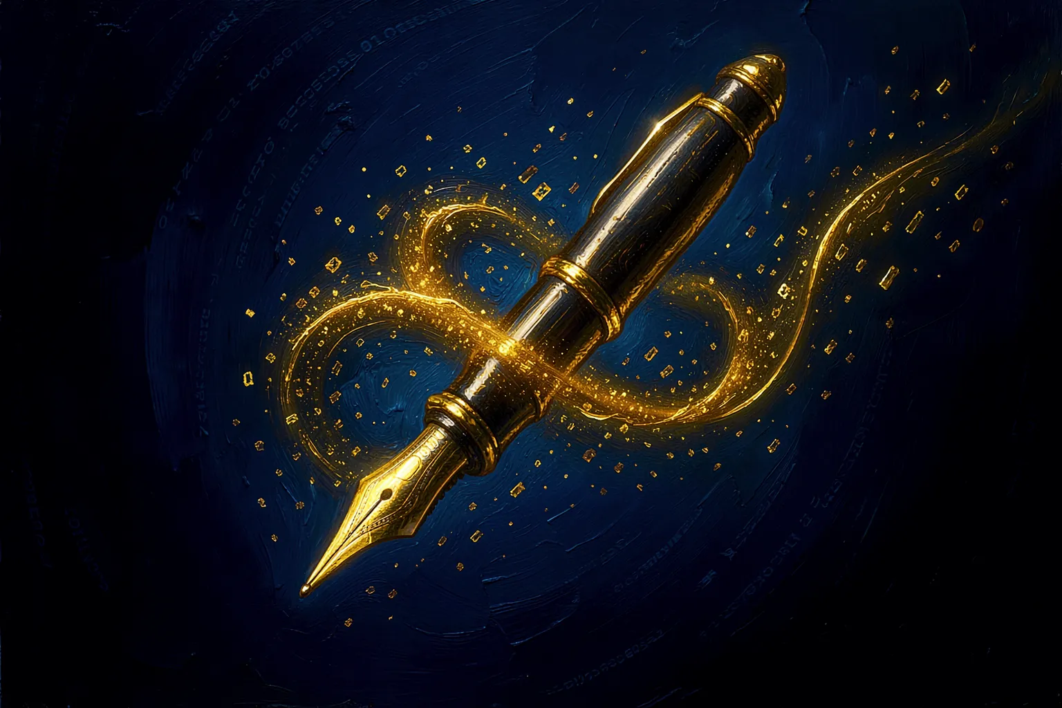 Ein leuchtender Füllfederhalter schreibt ein Band aus goldenem Licht, das sich in digitalen Code auflöst