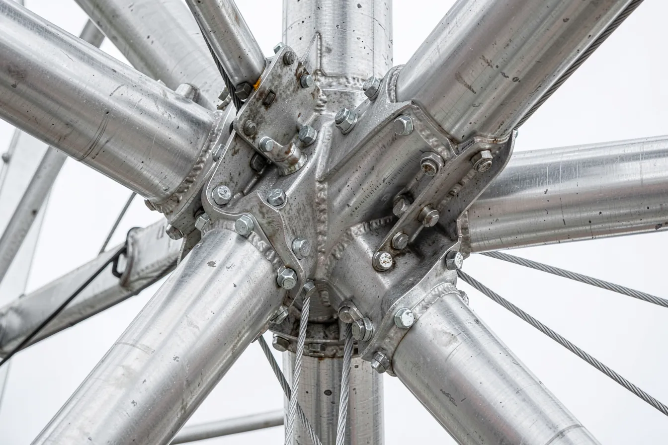 Gegossener Stahlknoten, an dem Stahlbauteile und Zugseile in der High-Tech-Architektur zusammentreffen