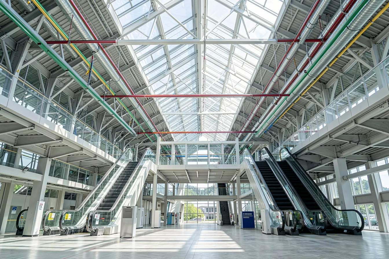 Weite High-Tech-Bahnhofshalle mit freiliegenden Stahldachbindern und farbcodierten Kanälen