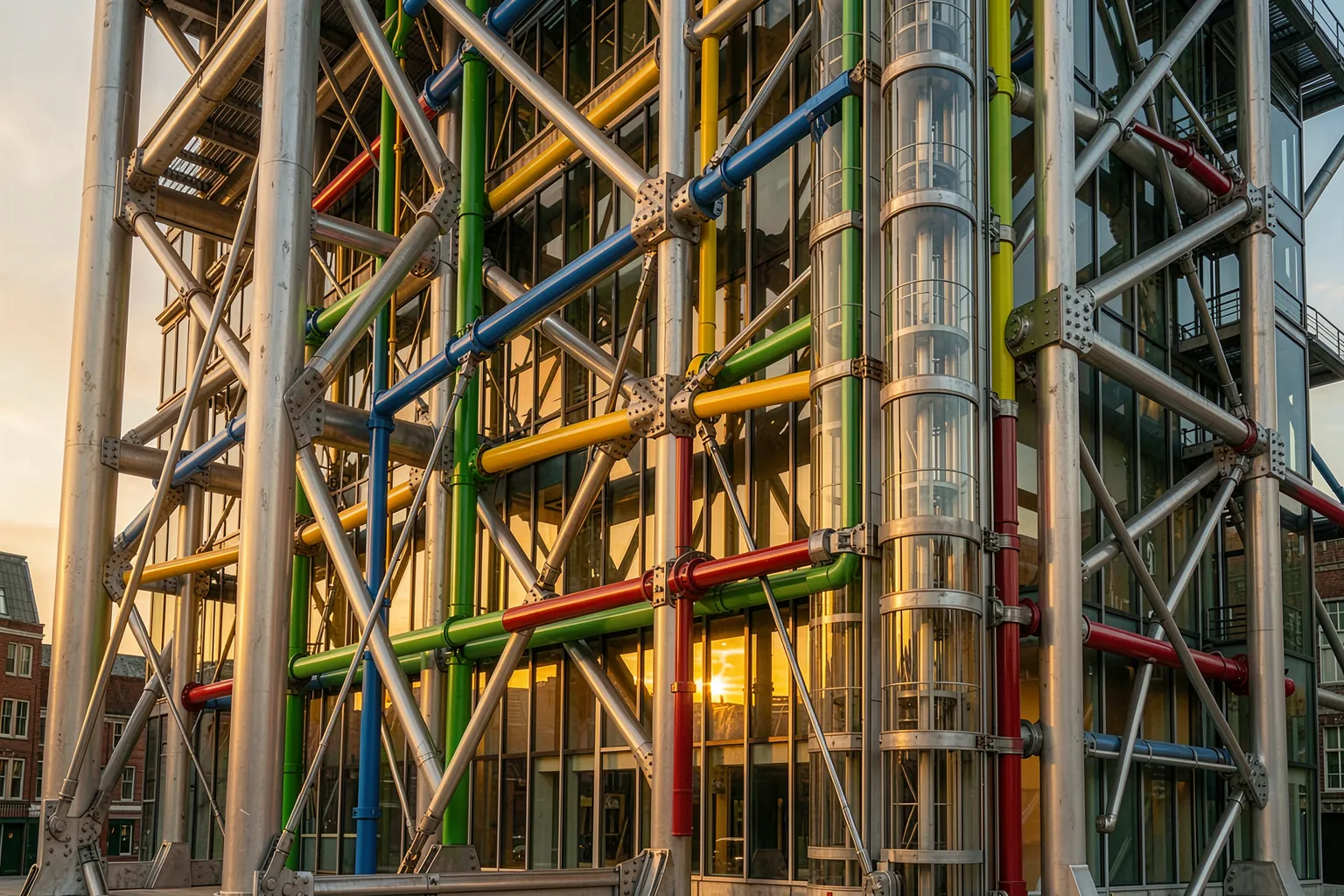 High-Tech-Architektur mit freiliegendem Stahltragwerk und farbcodierten Versorgungsrohren