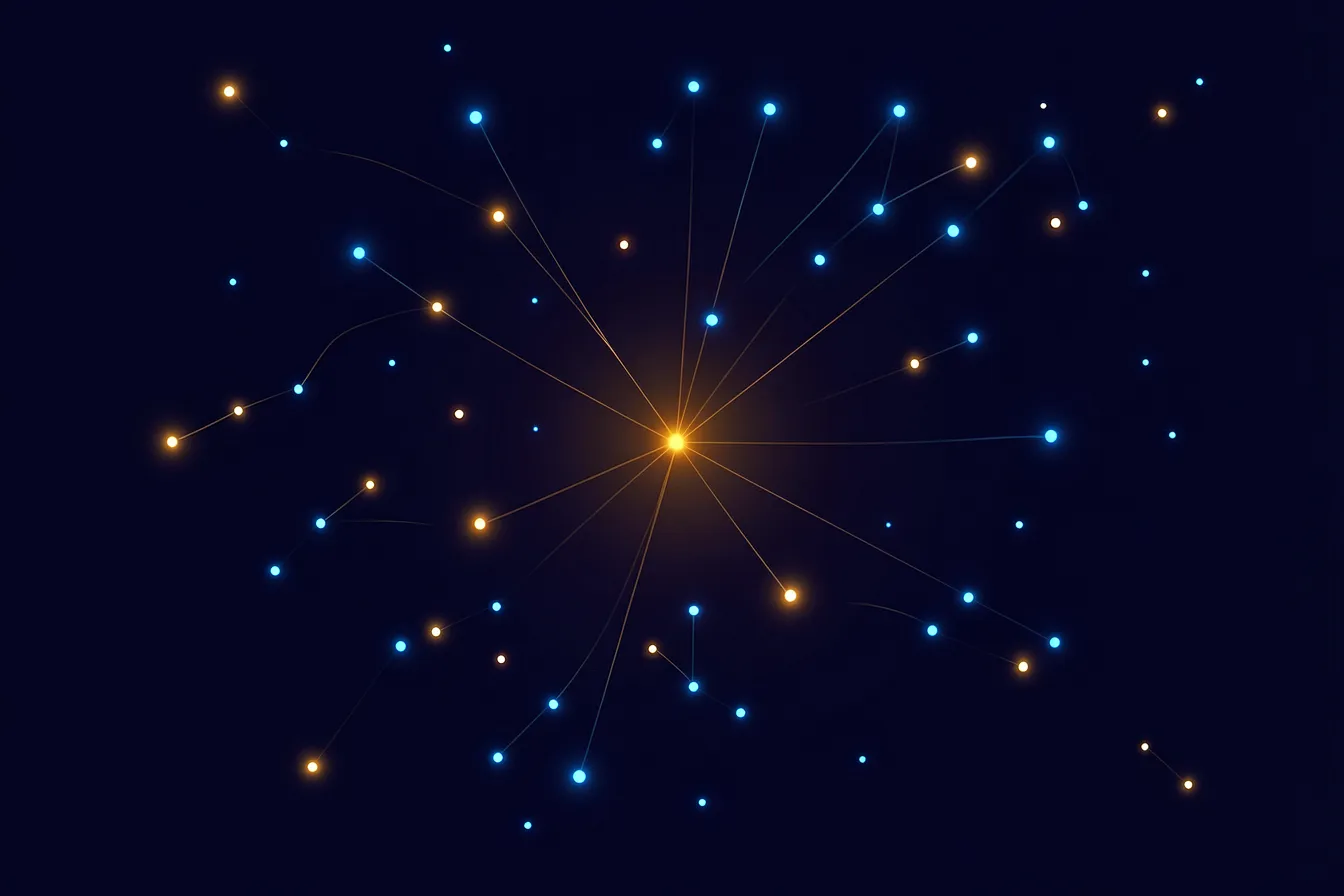 Ein dunkles Feld aus leuchtenden Lichtpunkten mit einem bernsteinfarbenen Punkt nahe der Mitte, das einen Wortvektor-Raum darstellt