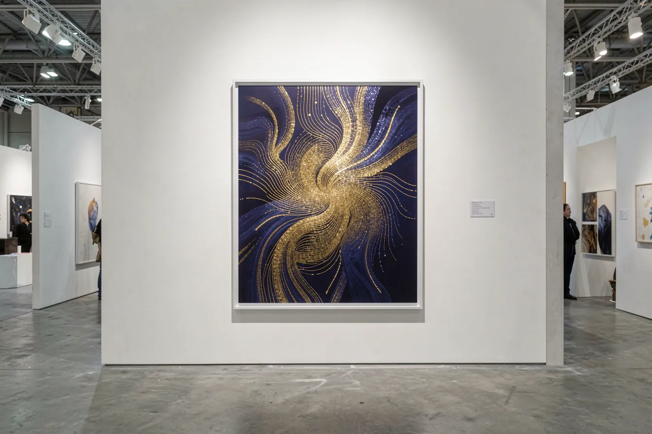 Ein einzelnes KI-generiertes Kunstwerk, angestrahlt an einer weißen Wand auf einer Kunstmesse
