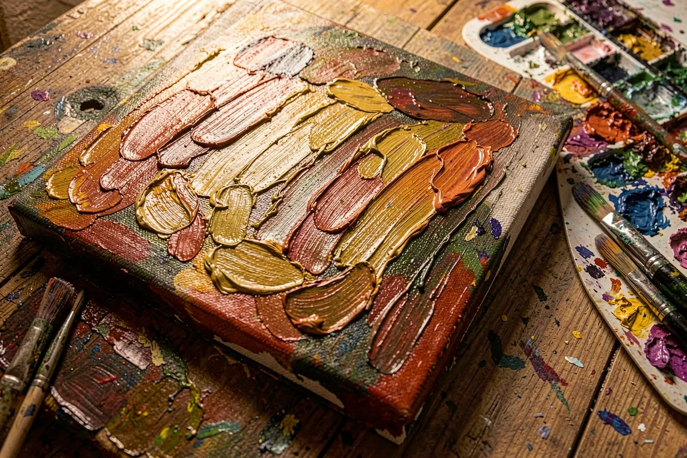 Handgemaltes Ölbild mit dickem Impasto-Pinselstrich neben Palette und Pinseln