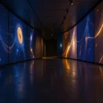 Zeitgenössische Museumsgalerie mit leuchtender KI-generierter Datenkunst