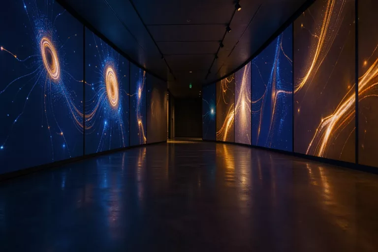 Zeitgenössische Museumsgalerie mit leuchtender KI-generierter Datenkunst