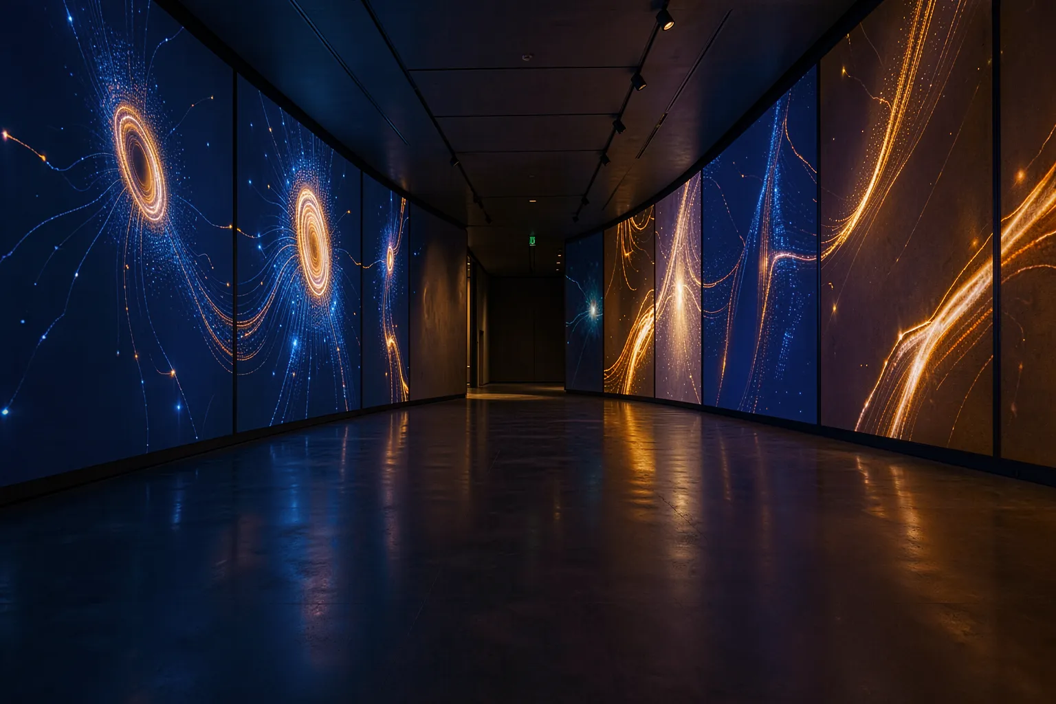 Zeitgenössische Museumsgalerie mit leuchtender KI-generierter Datenkunst